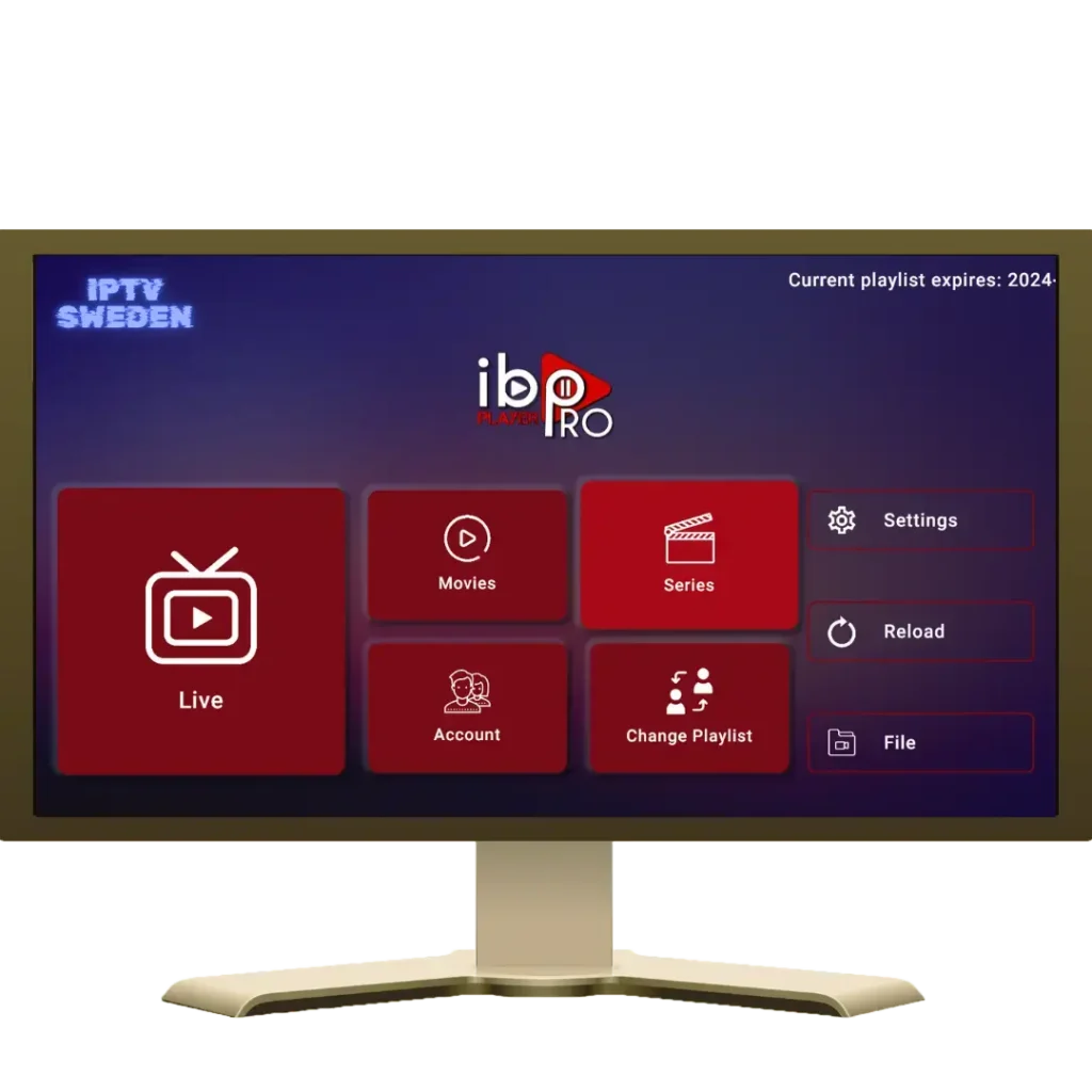 En digital TV-skärm som visar IPTV-gränssnittet för ibo player PRO med alternativ som Live TV, Filmer, Serier och Inställningar, vilket visar iptv sweden tjänster.