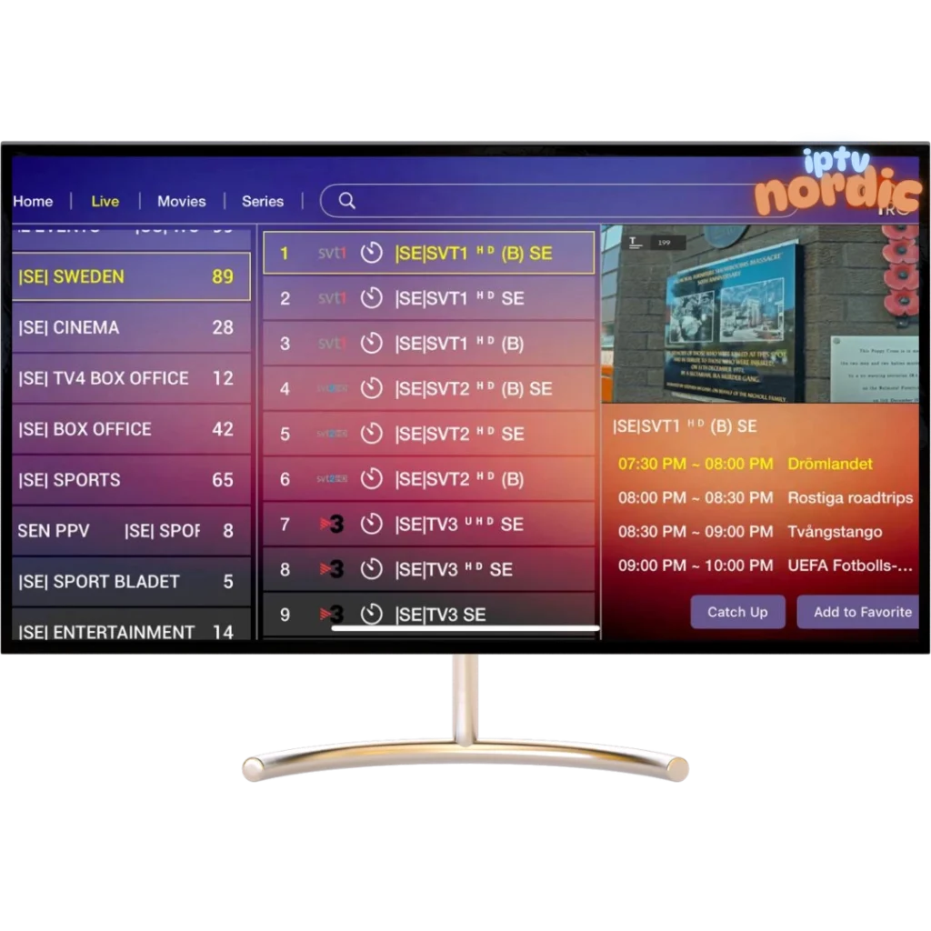 Illustration som representerar IPTV Nordic-tjänster för Sverige – visar digital streaming och nordiska kanaler